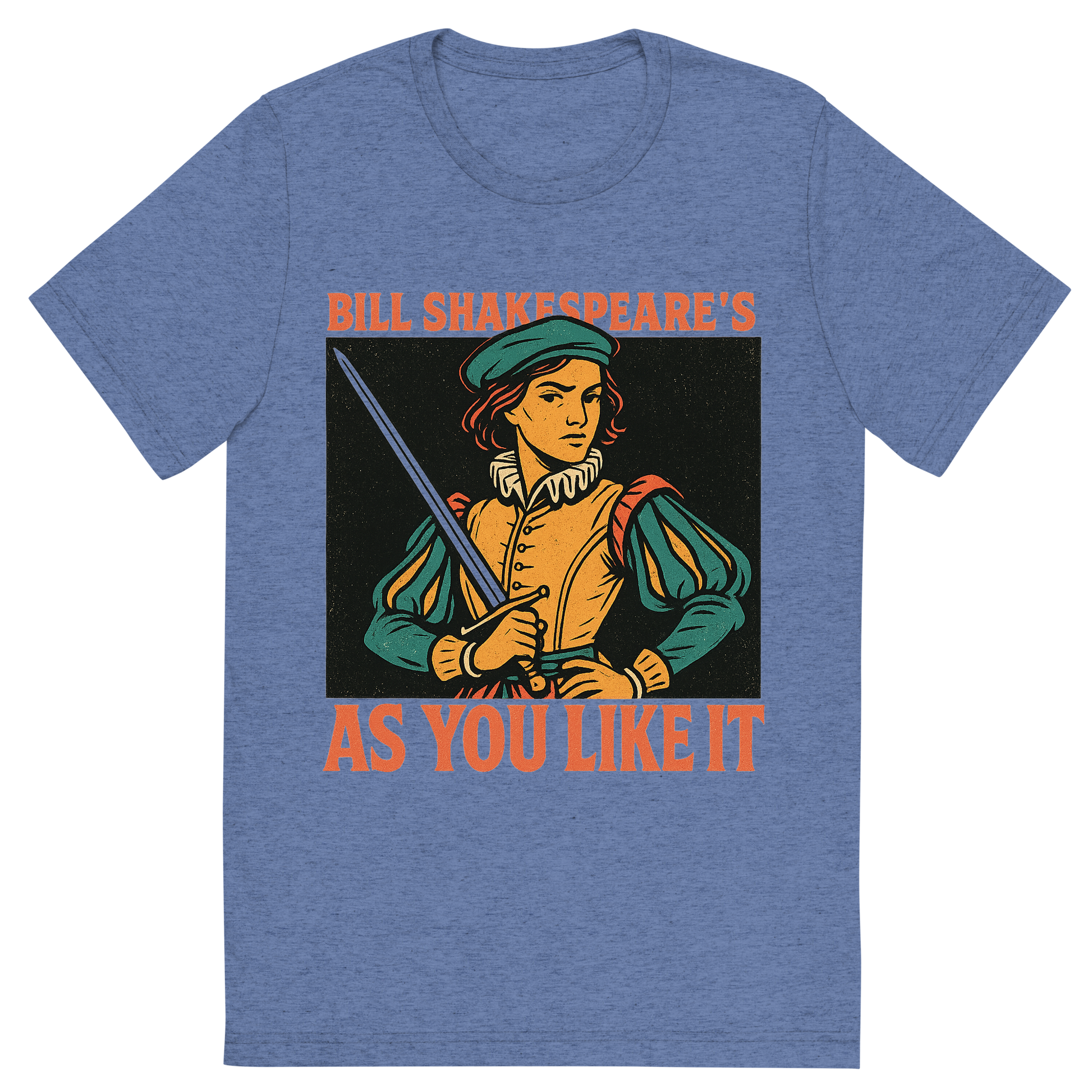 Front view of a Premium Tri-Blend Crew Neck T-Shirt in Blue showing 'A retro, edgy graphic of a visual representation of a key theme and character from william shakespeare's as you like it'