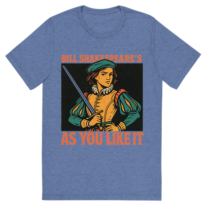 Front view of a Premium Tri-Blend Crew Neck T-Shirt in Blue showing 'A retro, edgy graphic of a visual representation of a key theme and character from william shakespeare's as you like it'