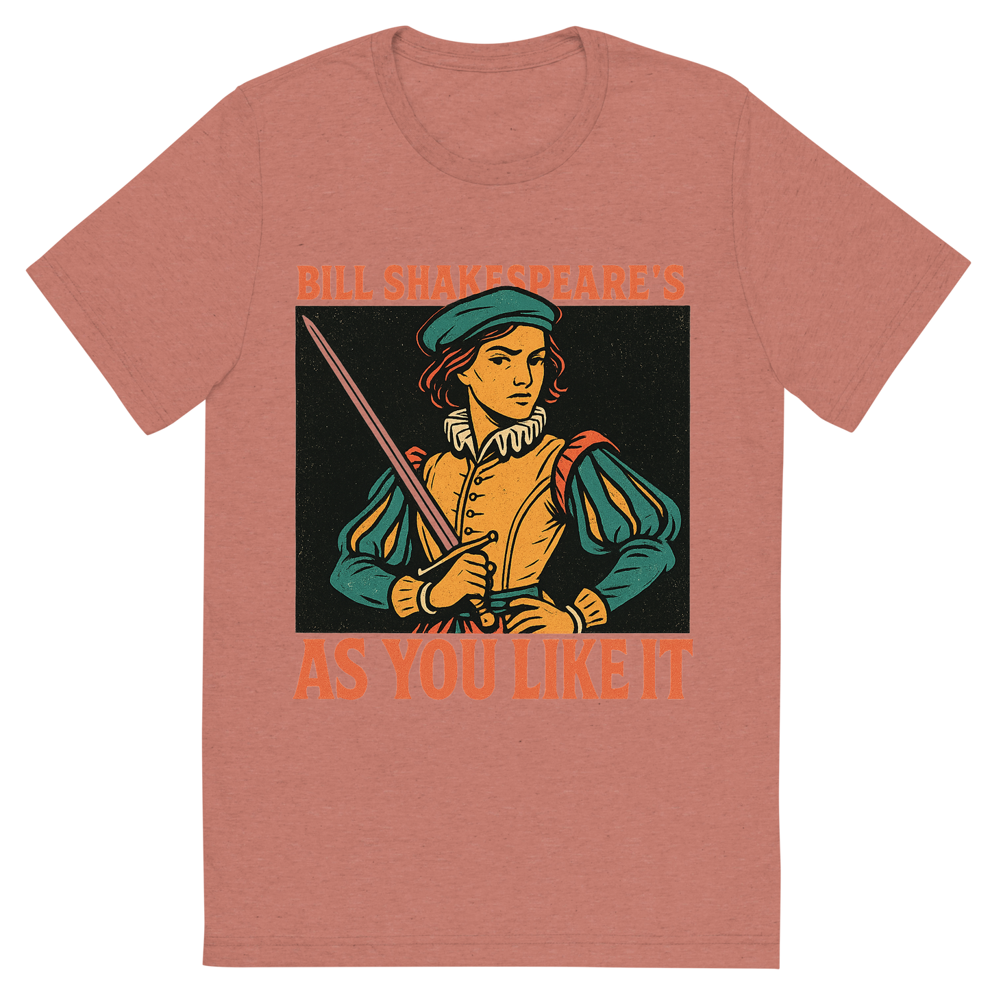 Front view of a Premium Tri-Blend Crew Neck T-Shirt in Mauve showing 'A retro, edgy graphic of a visual representation of a key theme and character from william shakespeare's as you like it'