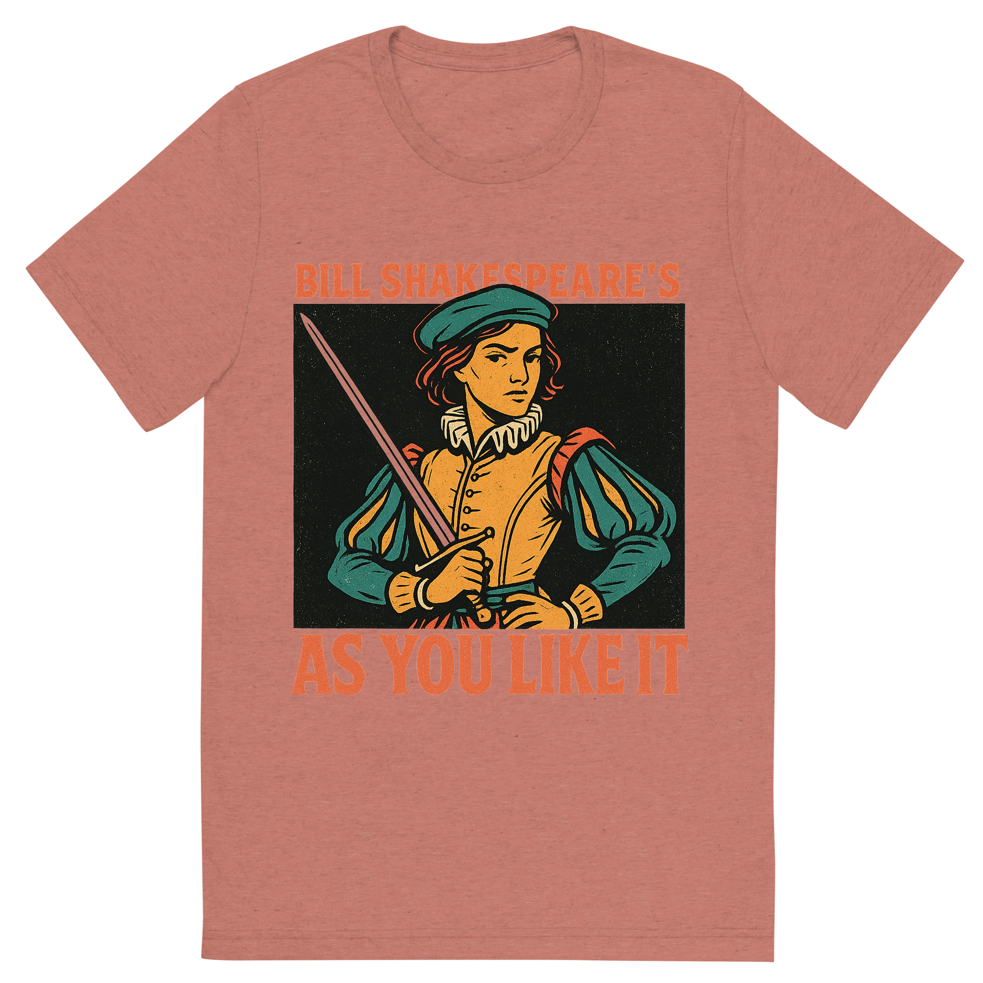 Front view of a Premium Tri-Blend Crew Neck T-Shirt in Mauve showing 'A retro, edgy graphic of a visual representation of a key theme and character from william shakespeare's as you like it'