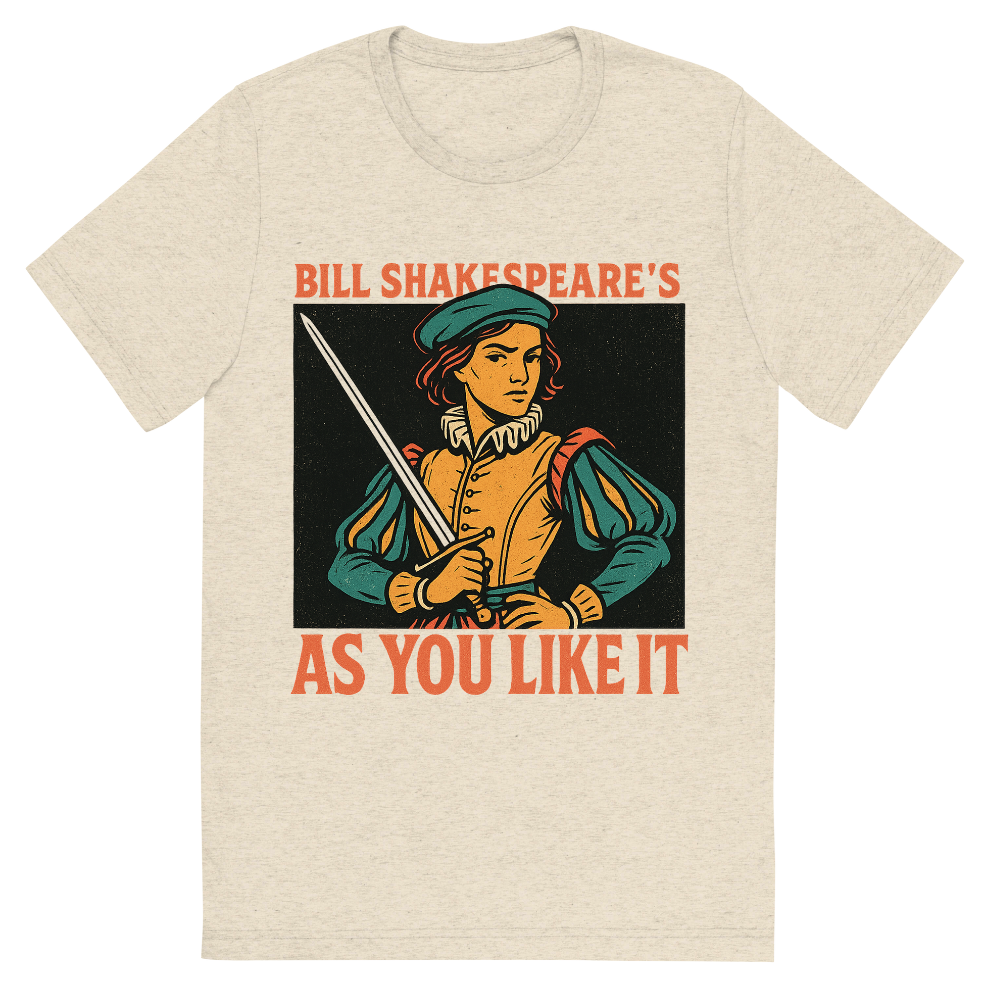Front view of a Premium Tri-Blend Crew Neck T-Shirt in Oatmeal showing 'A retro, edgy graphic of a visual representation of a key theme and character from william shakespeare's as you like it'