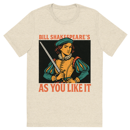 Front view of a Premium Tri-Blend Crew Neck T-Shirt in Oatmeal showing 'A retro, edgy graphic of a visual representation of a key theme and character from william shakespeare's as you like it'