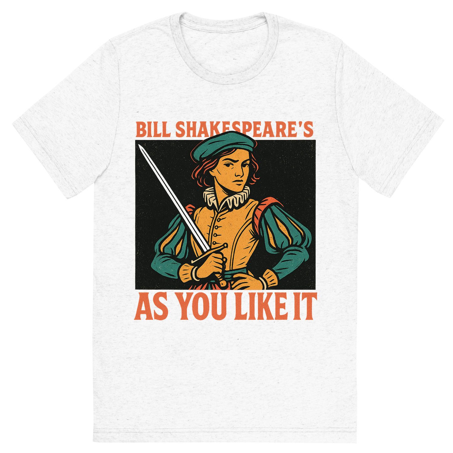 Front view of a Premium Tri-Blend Crew Neck T-Shirt in Solid White showing 'A retro, edgy graphic of a visual representation of a key theme and character from william shakespeare's as you like it'