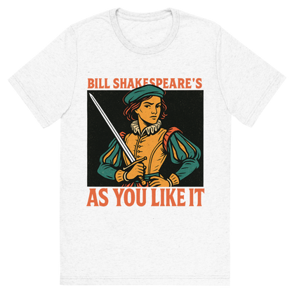 Front view of a Premium Tri-Blend Crew Neck T-Shirt in Solid White showing 'A retro, edgy graphic of a visual representation of a key theme and character from william shakespeare's as you like it'