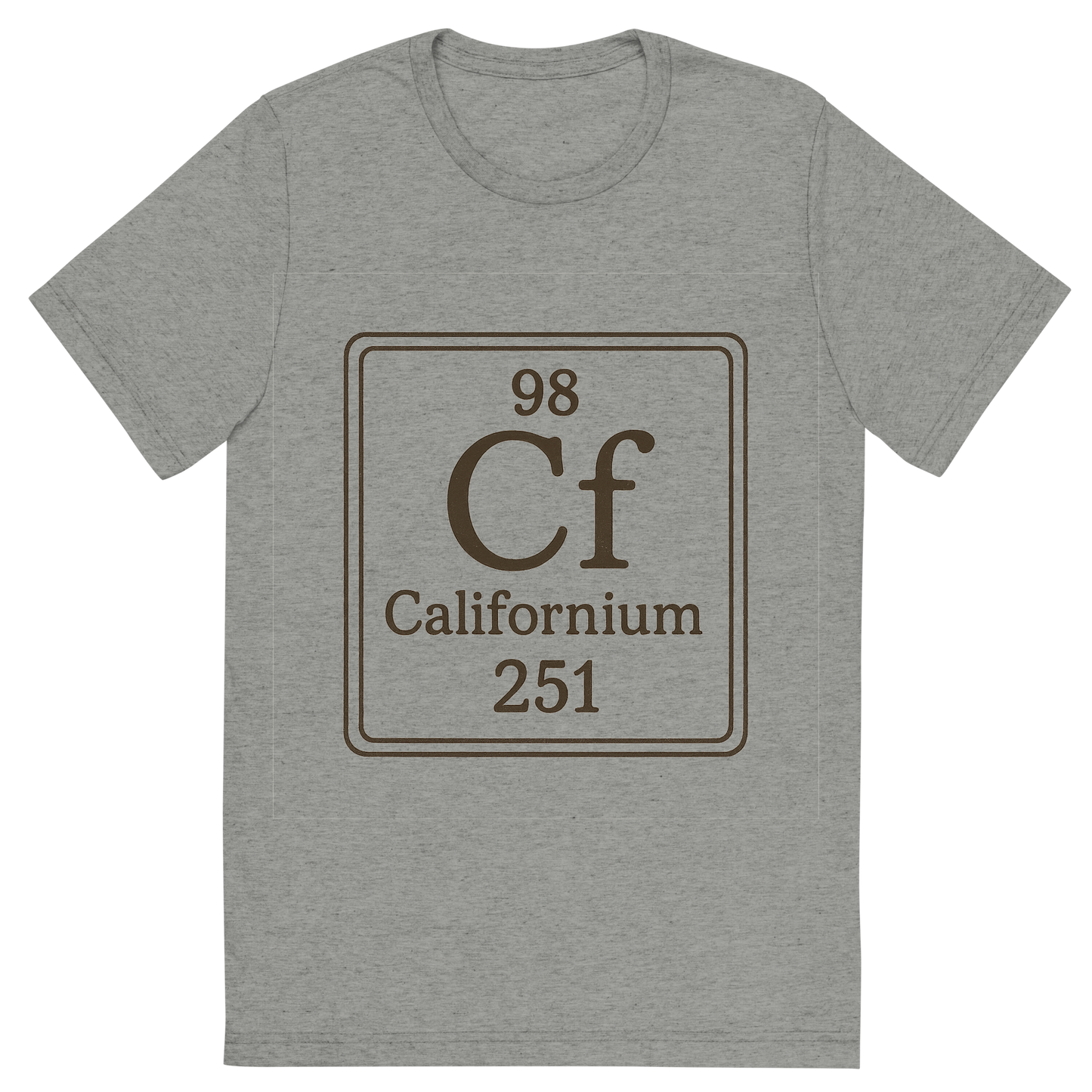 Front view of a Premium Tri-Blend Crew Neck T-Shirt in Athletic Grey showing 'A line art, nostalgic graphic of californium's entry on the periodic table, use a dark color for the lines and text'