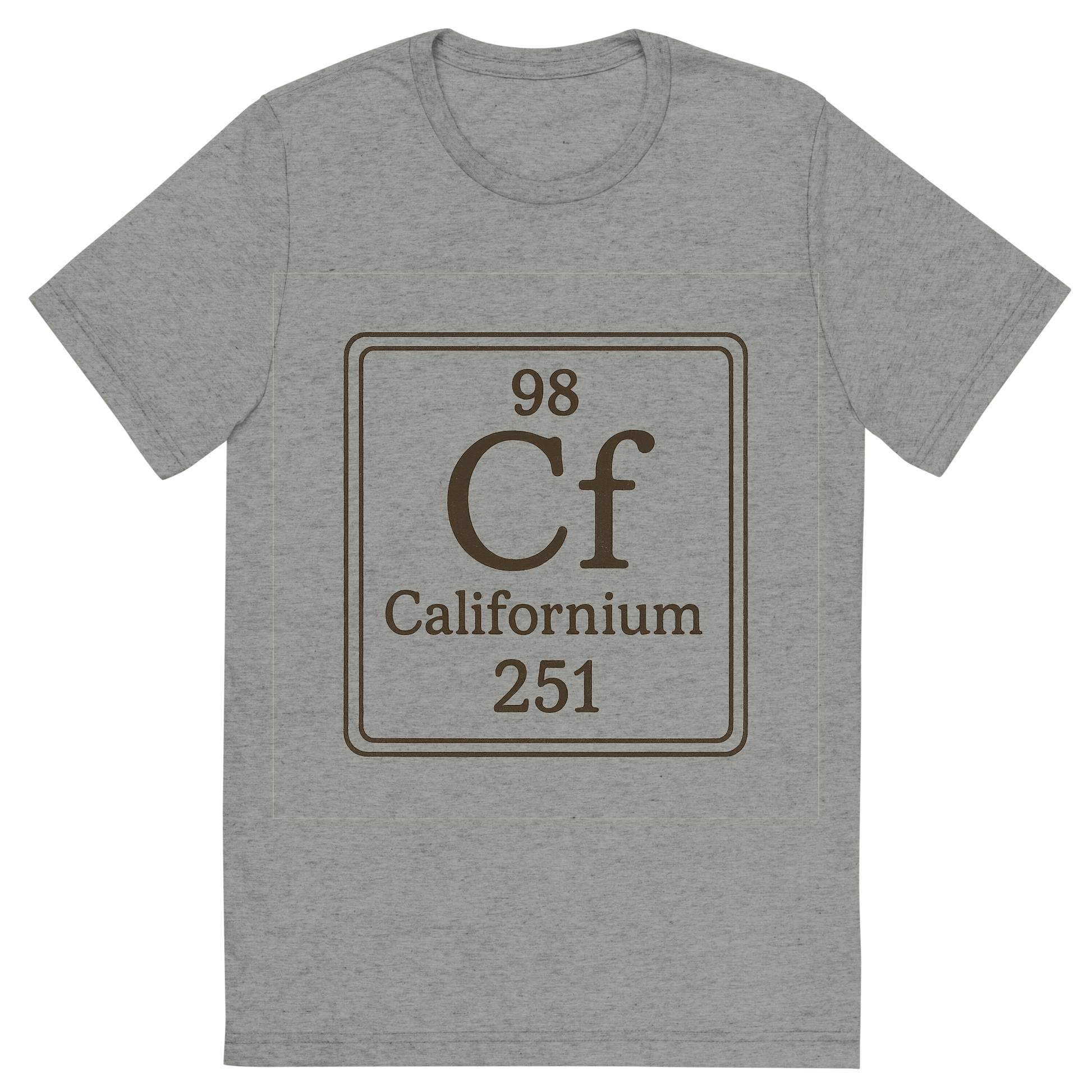 Front view of a Premium Tri-Blend Crew Neck T-Shirt in Athletic Grey showing 'A line art, nostalgic graphic of californium's entry on the periodic table, use a dark color for the lines and text'