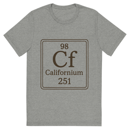Front view of a Premium Tri-Blend Crew Neck T-Shirt in Athletic Grey showing 'A line art, nostalgic graphic of californium's entry on the periodic table, use a dark color for the lines and text'