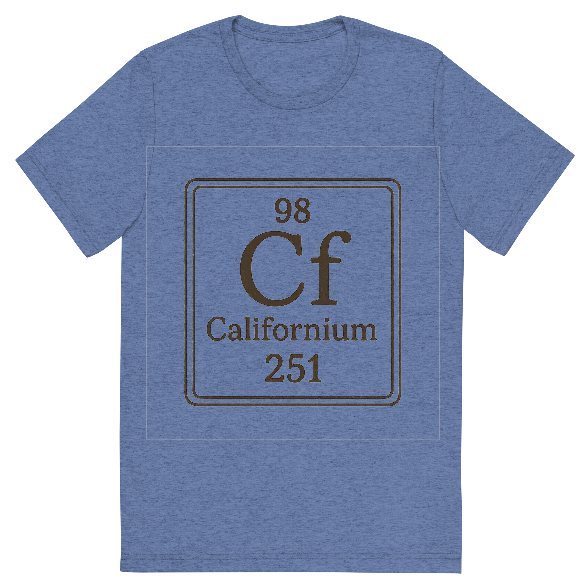 Front view of a Premium Tri-Blend Crew Neck T-Shirt in Blue showing 'A line art, nostalgic graphic of californium's entry on the periodic table, use a dark color for the lines and text'