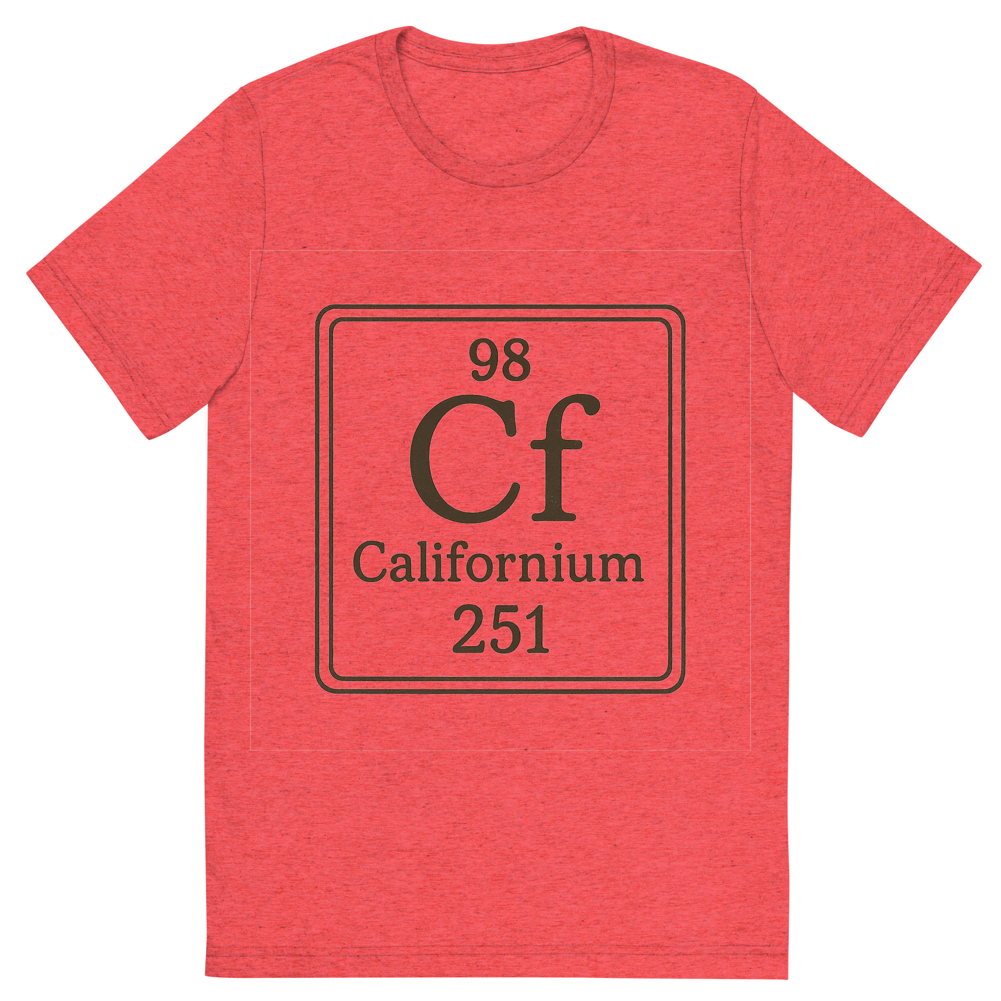 Front view of a Premium Tri-Blend Crew Neck T-Shirt in Red showing 'A line art, nostalgic graphic of californium's entry on the periodic table, use a dark color for the lines and text'