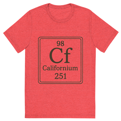 Front view of a Premium Tri-Blend Crew Neck T-Shirt in Red showing 'A line art, nostalgic graphic of californium's entry on the periodic table, use a dark color for the lines and text'