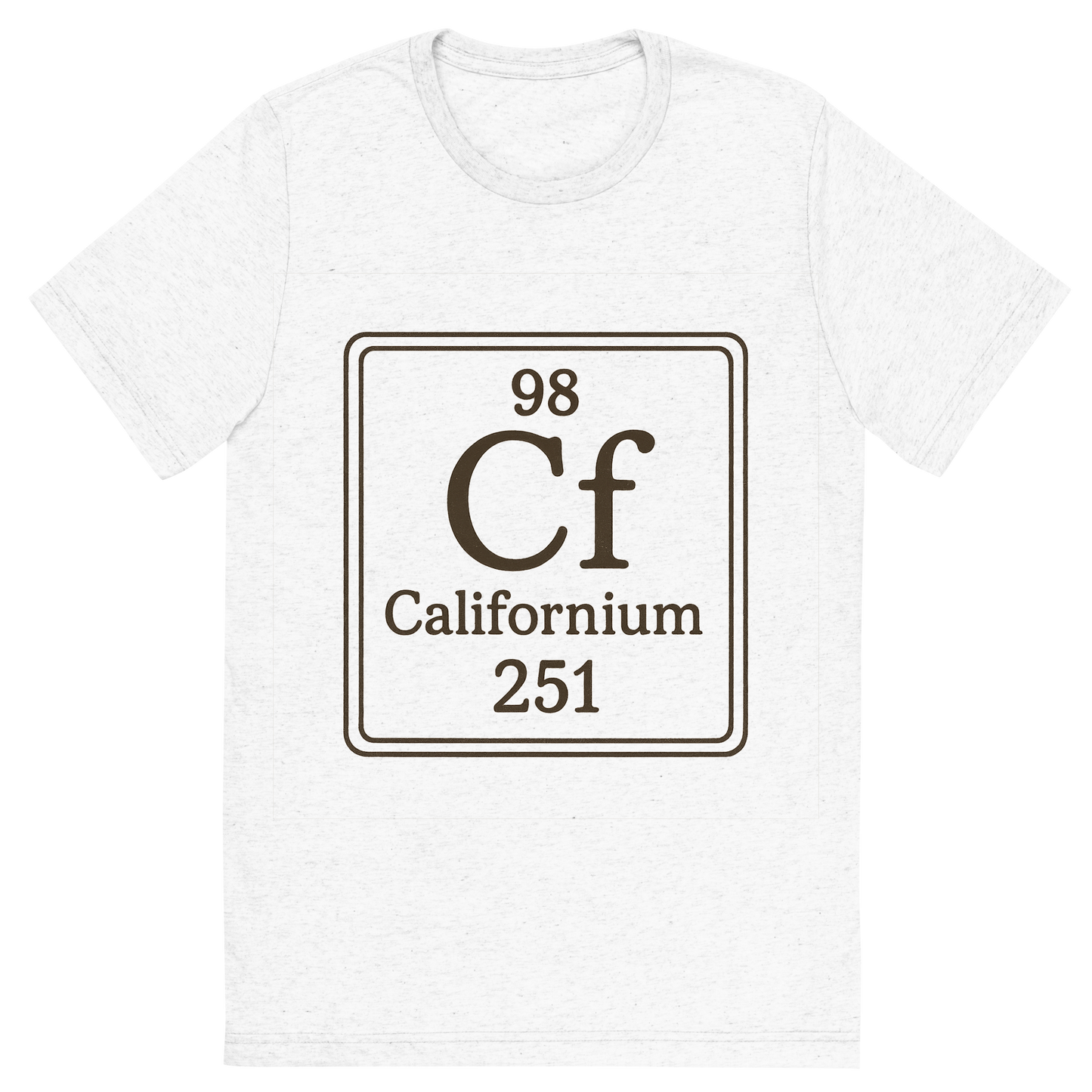 Front view of a Premium Tri-Blend Crew Neck T-Shirt in Solid White showing 'A line art, nostalgic graphic of californium's entry on the periodic table, use a dark color for the lines and text'