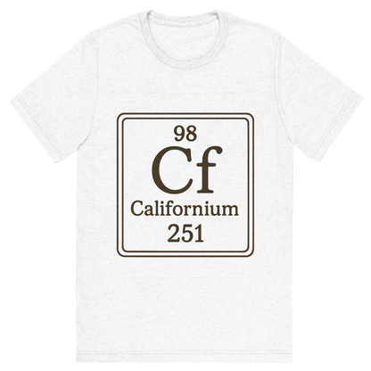 Front view of a Premium Tri-Blend Crew Neck T-Shirt in Solid White showing 'A line art, nostalgic graphic of californium's entry on the periodic table, use a dark color for the lines and text'