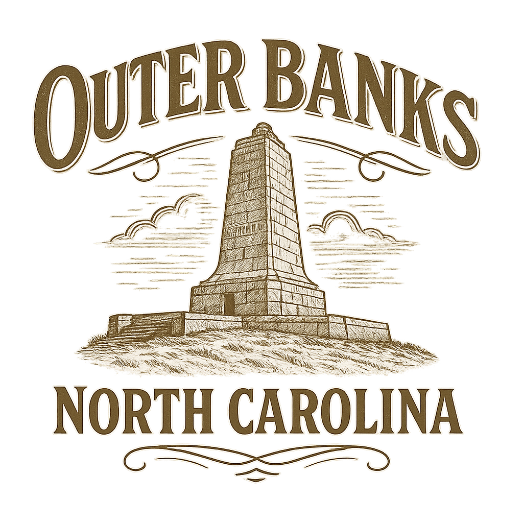 A typographic, nostalgic graphic of a typographic illustration of the words 'outer banks, north carolina' with a vintage line art drawing of the wright brothers memorial – a t-shirt design