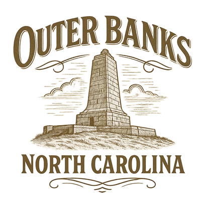 A typographic, nostalgic graphic of a typographic illustration of the words 'outer banks, north carolina' with a vintage line art drawing of the wright brothers memorial – a t-shirt design