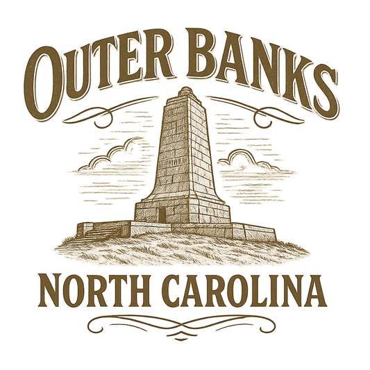 A typographic, nostalgic graphic of a typographic illustration of the words 'outer banks, north carolina' with a vintage line art drawing of the wright brothers memorial – a t-shirt design