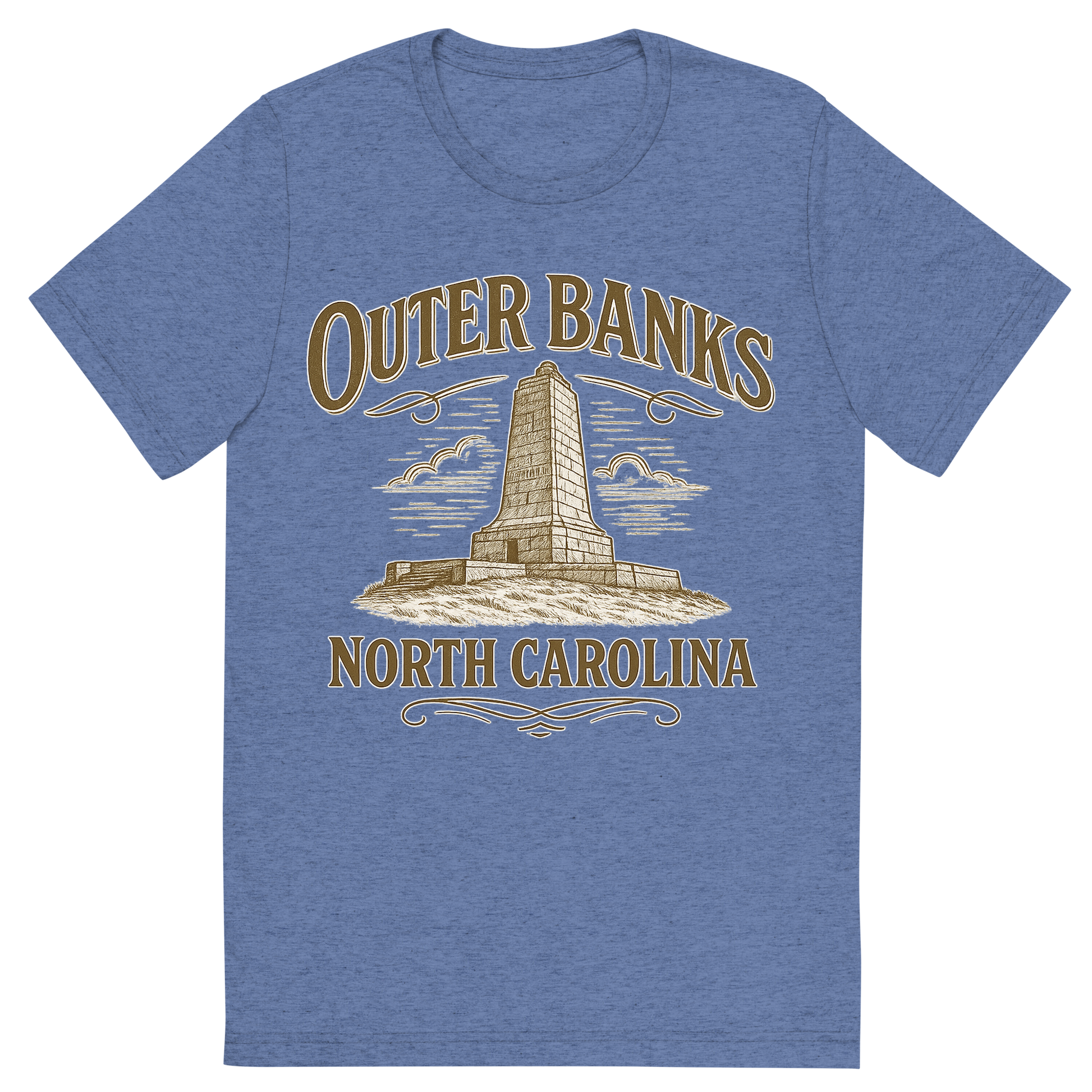 Front view of a Premium Tri-Blend Crew Neck T-Shirt in Blue showing 'A typographic, nostalgic graphic of a typographic illustration of the words 'outer banks, north carolina' with a vintage line art drawing of the wright brothers memorial'