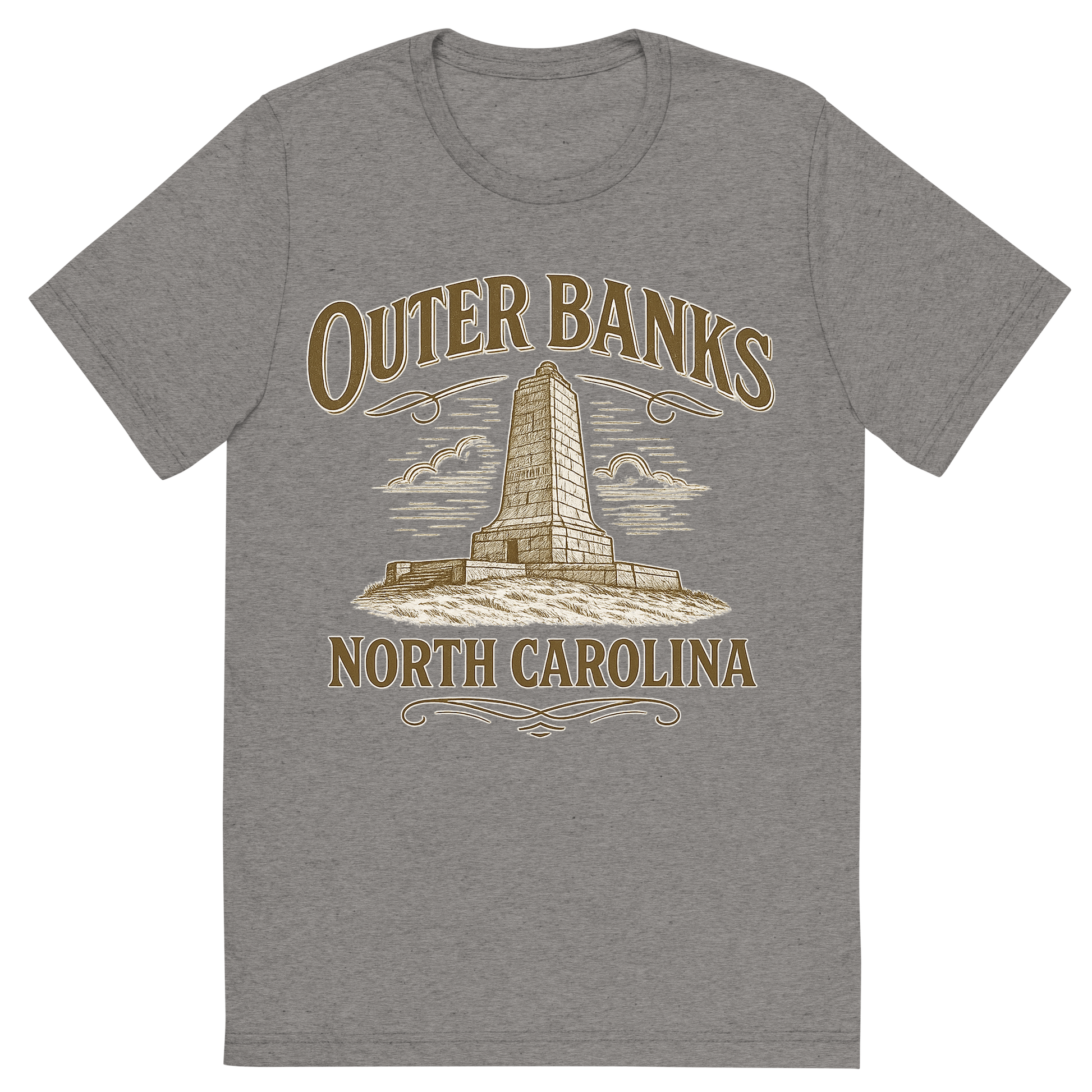 Front view of a Premium Tri-Blend Crew Neck T-Shirt in Grey showing 'A typographic, nostalgic graphic of a typographic illustration of the words 'outer banks, north carolina' with a vintage line art drawing of the wright brothers memorial'