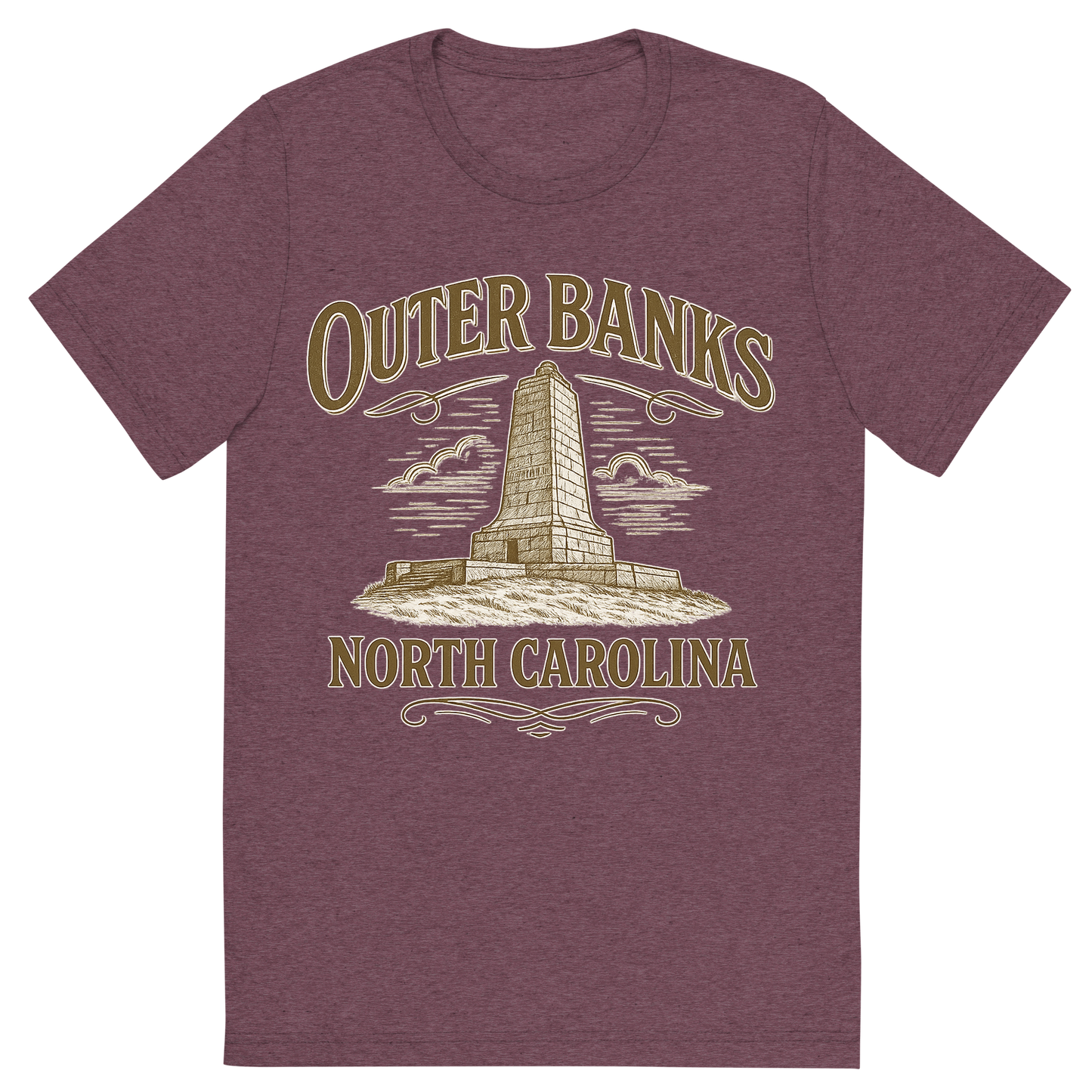 Front view of a Premium Tri-Blend Crew Neck T-Shirt in Maroon showing 'A typographic, nostalgic graphic of a typographic illustration of the words 'outer banks, north carolina' with a vintage line art drawing of the wright brothers memorial'