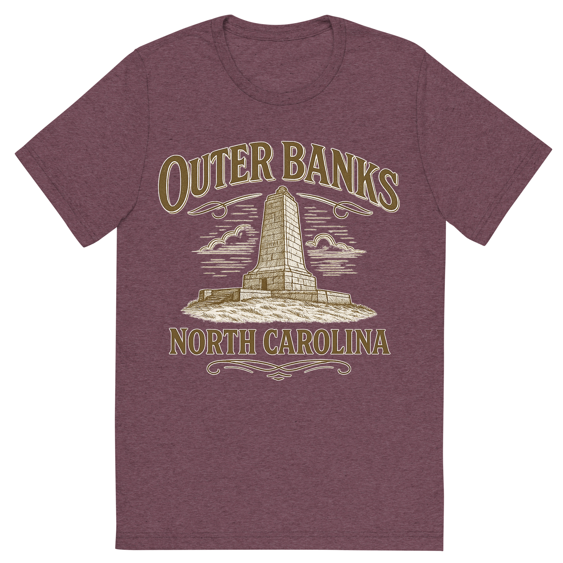 Front view of a Premium Tri-Blend Crew Neck T-Shirt in Maroon showing 'A typographic, nostalgic graphic of a typographic illustration of the words 'outer banks, north carolina' with a vintage line art drawing of the wright brothers memorial'