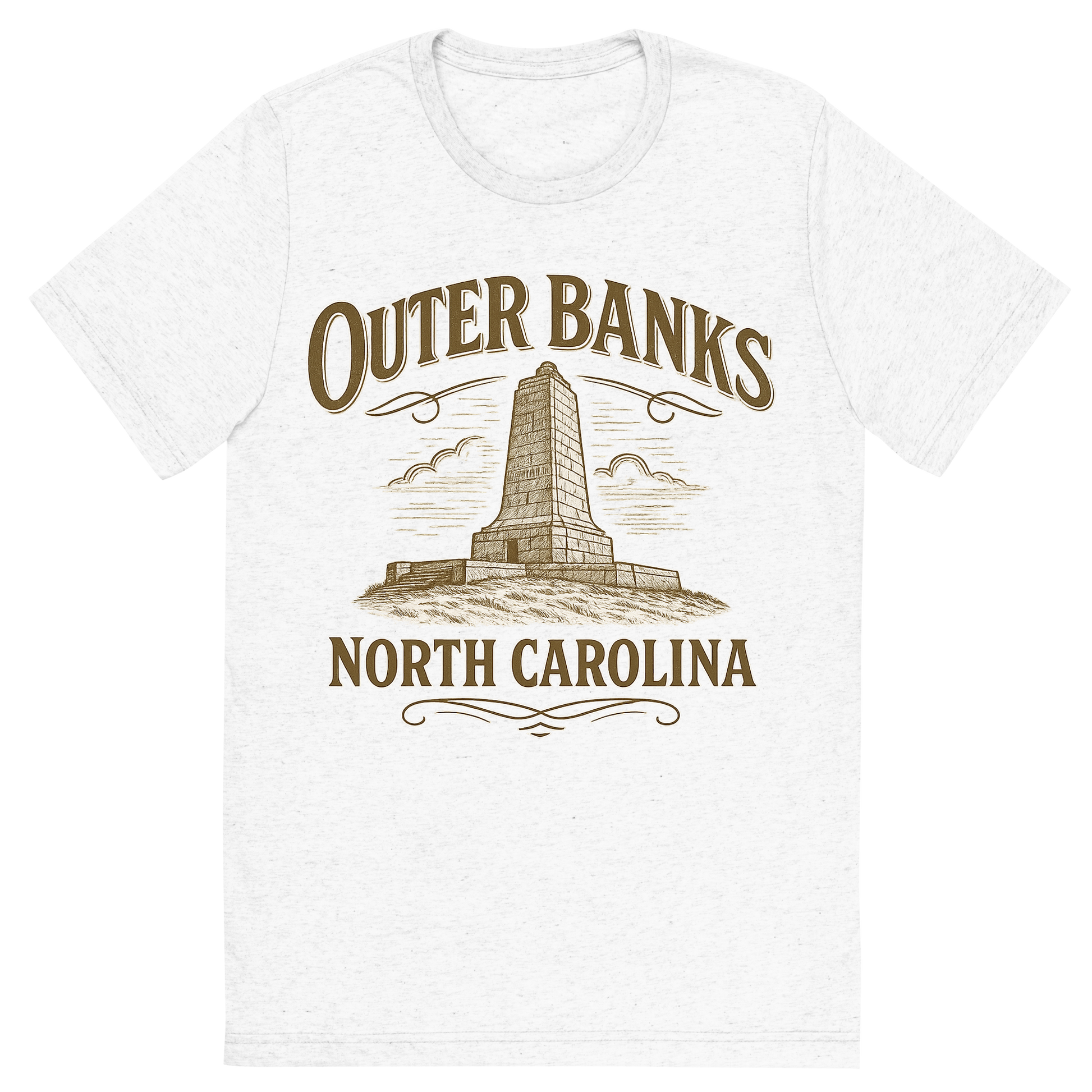 Front view of a Premium Tri-Blend Crew Neck T-Shirt in Solid White showing 'A typographic, nostalgic graphic of a typographic illustration of the words 'outer banks, north carolina' with a vintage line art drawing of the wright brothers memorial'