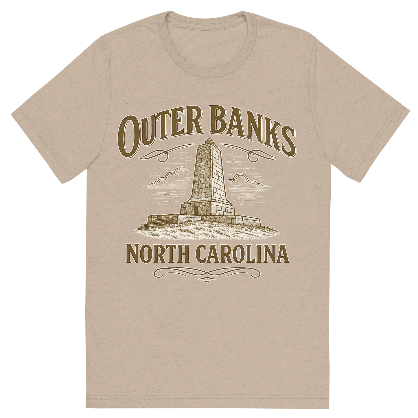 Front view of a Premium Tri-Blend Crew Neck T-Shirt in Tan showing 'A typographic, nostalgic graphic of a typographic illustration of the words 'outer banks, north carolina' with a vintage line art drawing of the wright brothers memorial'