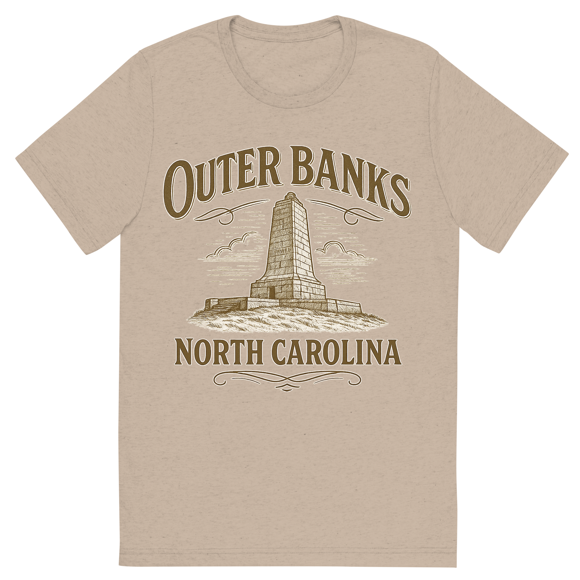 Front view of a Premium Tri-Blend Crew Neck T-Shirt in Tan showing 'A typographic, nostalgic graphic of a typographic illustration of the words 'outer banks, north carolina' with a vintage line art drawing of the wright brothers memorial'