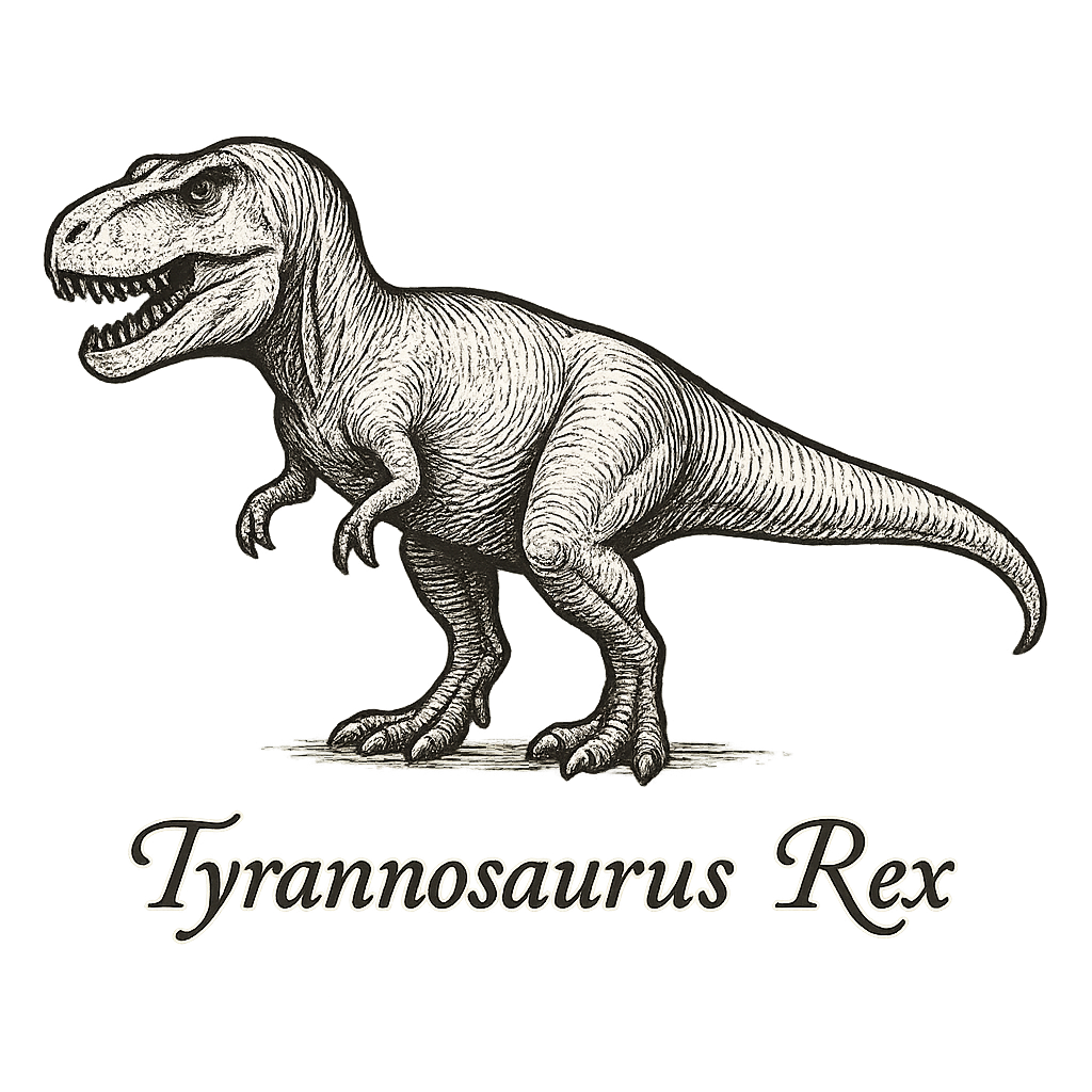 A flat, neutral graphic of a hand-drawn illustration of a tyrannosaurus rex in profile, with powerful legs and sharp teeth. the name “tyrannosaurus rex” is written below in elegant script. ink illustration on a white background. - a t-shirt design