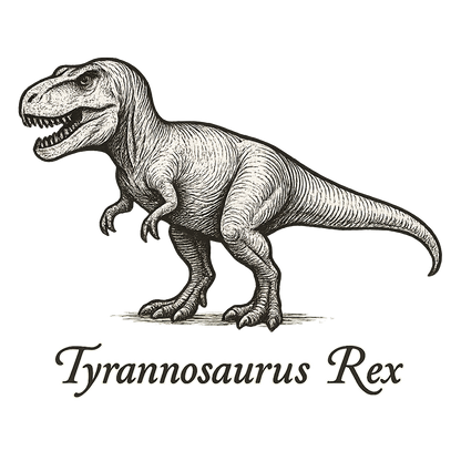 A flat, neutral graphic of a hand-drawn illustration of a tyrannosaurus rex in profile, with powerful legs and sharp teeth. the name “tyrannosaurus rex” is written below in elegant script. ink illustration on a white background. - a t-shirt design