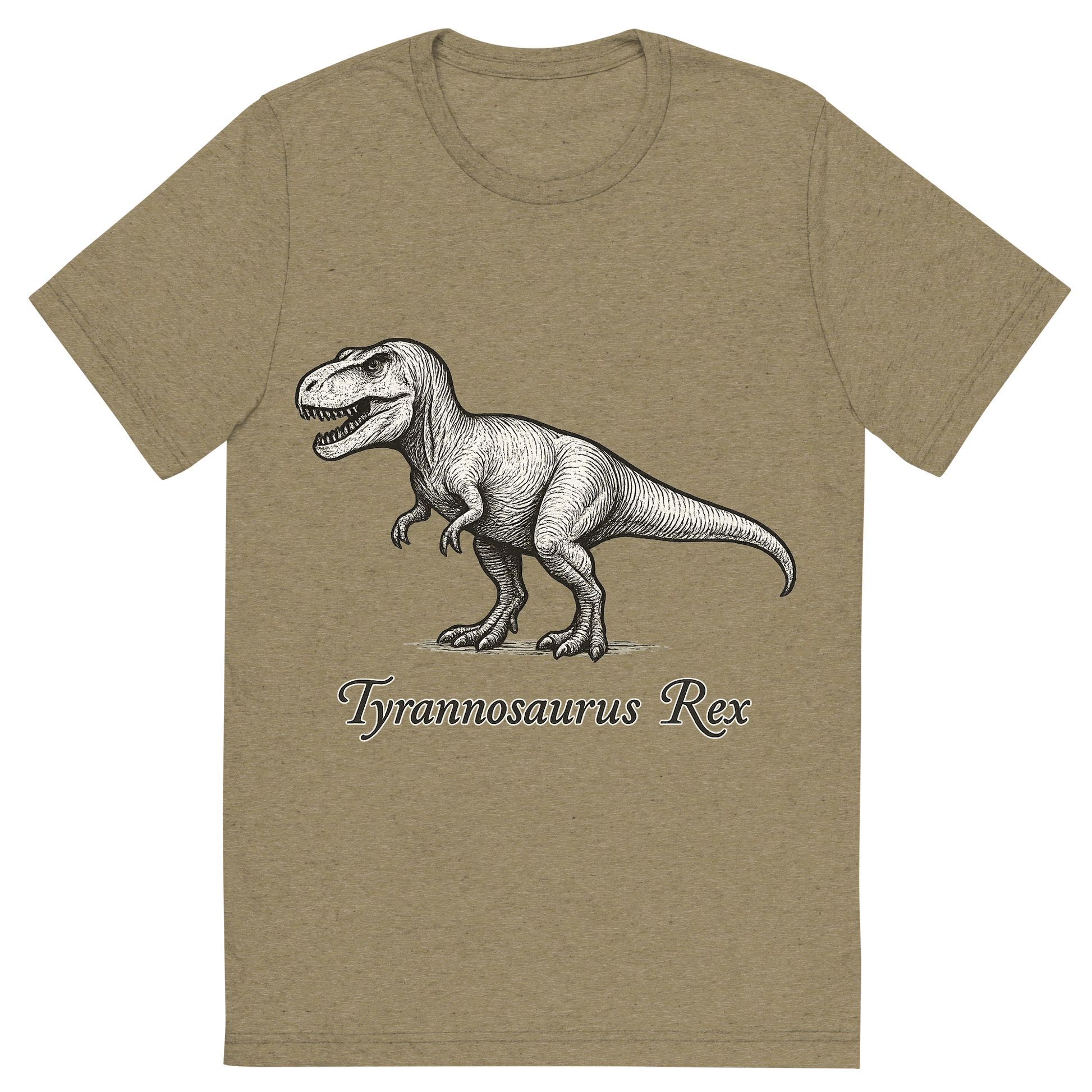Front view of a Premium Tri-Blend Crew Neck T-Shirt in Olive showing 'A flat, neutral graphic of a hand-drawn illustration of a tyrannosaurus rex in profile, with powerful legs and sharp teeth. the name “tyrannosaurus rex” is written below in elegant script. ink illustration on a white background.'