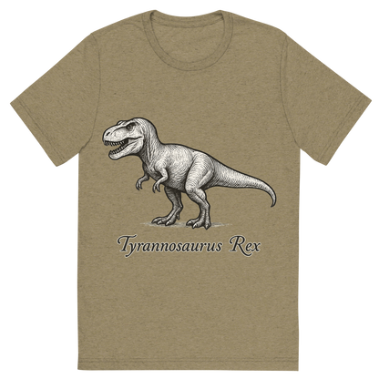 Front view of a Premium Tri-Blend Crew Neck T-Shirt in Olive showing 'A flat, neutral graphic of a hand-drawn illustration of a tyrannosaurus rex in profile, with powerful legs and sharp teeth. the name “tyrannosaurus rex” is written below in elegant script. ink illustration on a white background.'