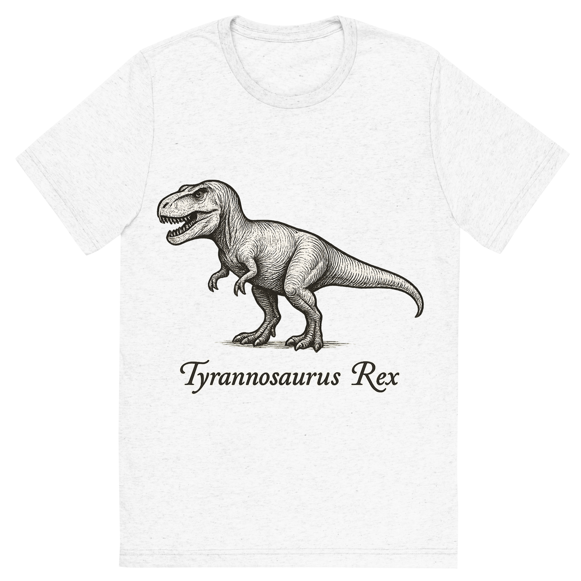 Front view of a Premium Tri-Blend Crew Neck T-Shirt in Solid White showing 'A flat, neutral graphic of a hand-drawn illustration of a tyrannosaurus rex in profile, with powerful legs and sharp teeth. the name “tyrannosaurus rex” is written below in elegant script. ink illustration on a white background.'
