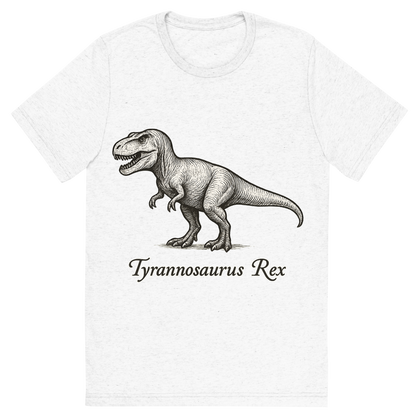 Front view of a Premium Tri-Blend Crew Neck T-Shirt in Solid White showing 'A flat, neutral graphic of a hand-drawn illustration of a tyrannosaurus rex in profile, with powerful legs and sharp teeth. the name “tyrannosaurus rex” is written below in elegant script. ink illustration on a white background.'