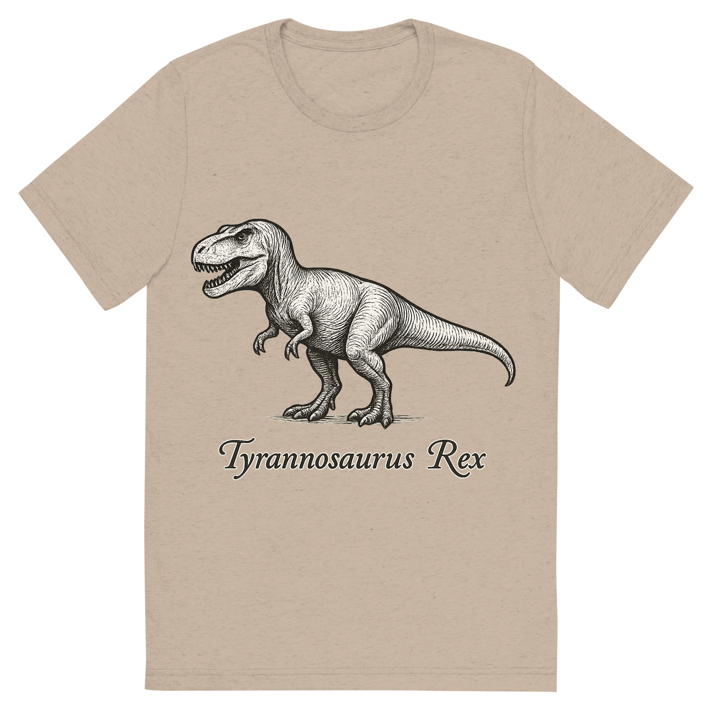 Front view of a Premium Tri-Blend Crew Neck T-Shirt in Tan showing 'A flat, neutral graphic of a hand-drawn illustration of a tyrannosaurus rex in profile, with powerful legs and sharp teeth. the name “tyrannosaurus rex” is written below in elegant script. ink illustration on a white background.'