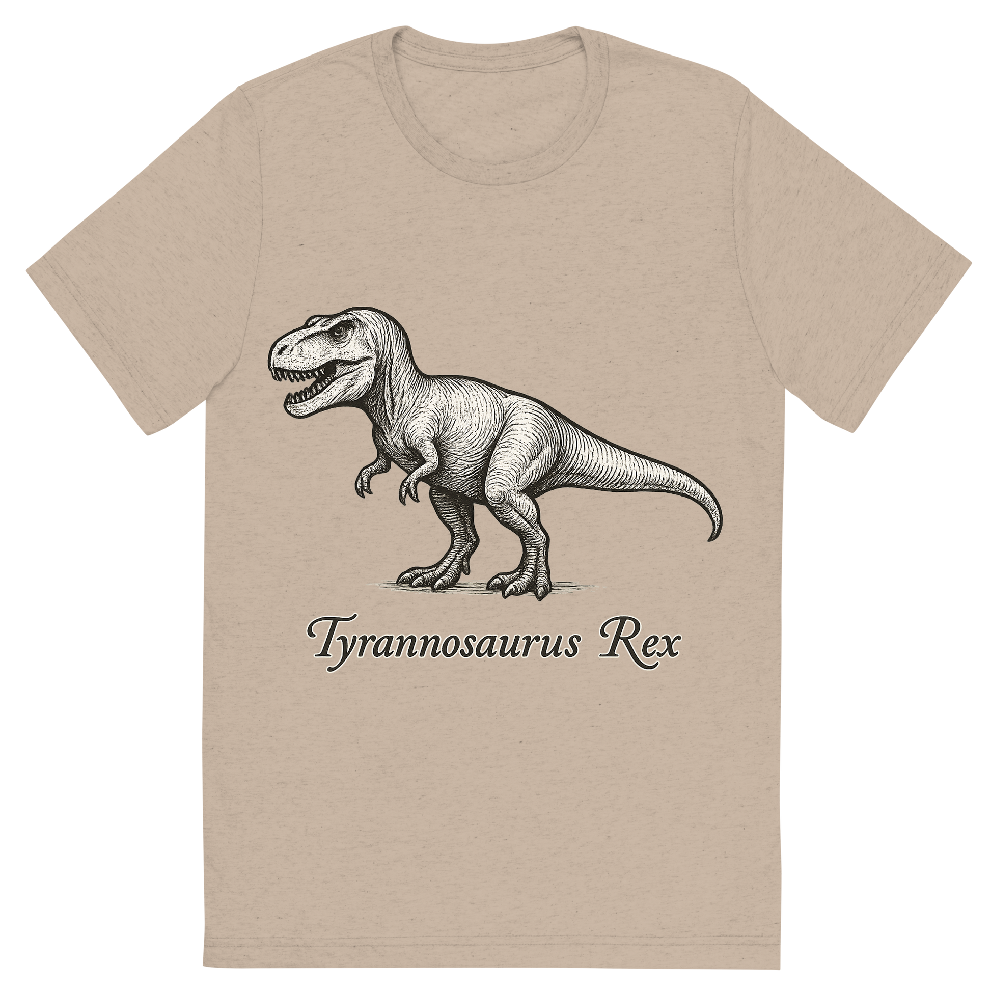 Front view of a Premium Tri-Blend Crew Neck T-Shirt in Tan showing 'A flat, neutral graphic of a hand-drawn illustration of a tyrannosaurus rex in profile, with powerful legs and sharp teeth. the name “tyrannosaurus rex” is written below in elegant script. ink illustration on a white background.'
