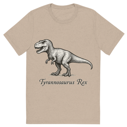 Front view of a Premium Tri-Blend Crew Neck T-Shirt in Tan showing 'A flat, neutral graphic of a hand-drawn illustration of a tyrannosaurus rex in profile, with powerful legs and sharp teeth. the name “tyrannosaurus rex” is written below in elegant script. ink illustration on a white background.'