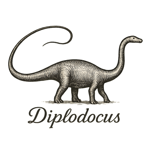 A flat, neutral graphic of a long-bodied diplodocus drawn with whip-like tail and tiny head. “diplodocus” appears in graceful script below. ink illustration on a white background. - a t-shirt design