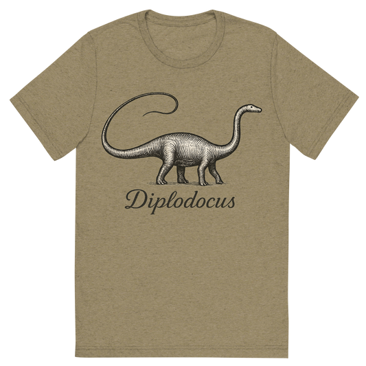 Front view of a Premium Tri-Blend Crew Neck T-Shirt in Olive showing 'A flat, neutral graphic of a long-bodied diplodocus drawn with whip-like tail and tiny head. “diplodocus” appears in graceful script below. ink illustration on a white background.'