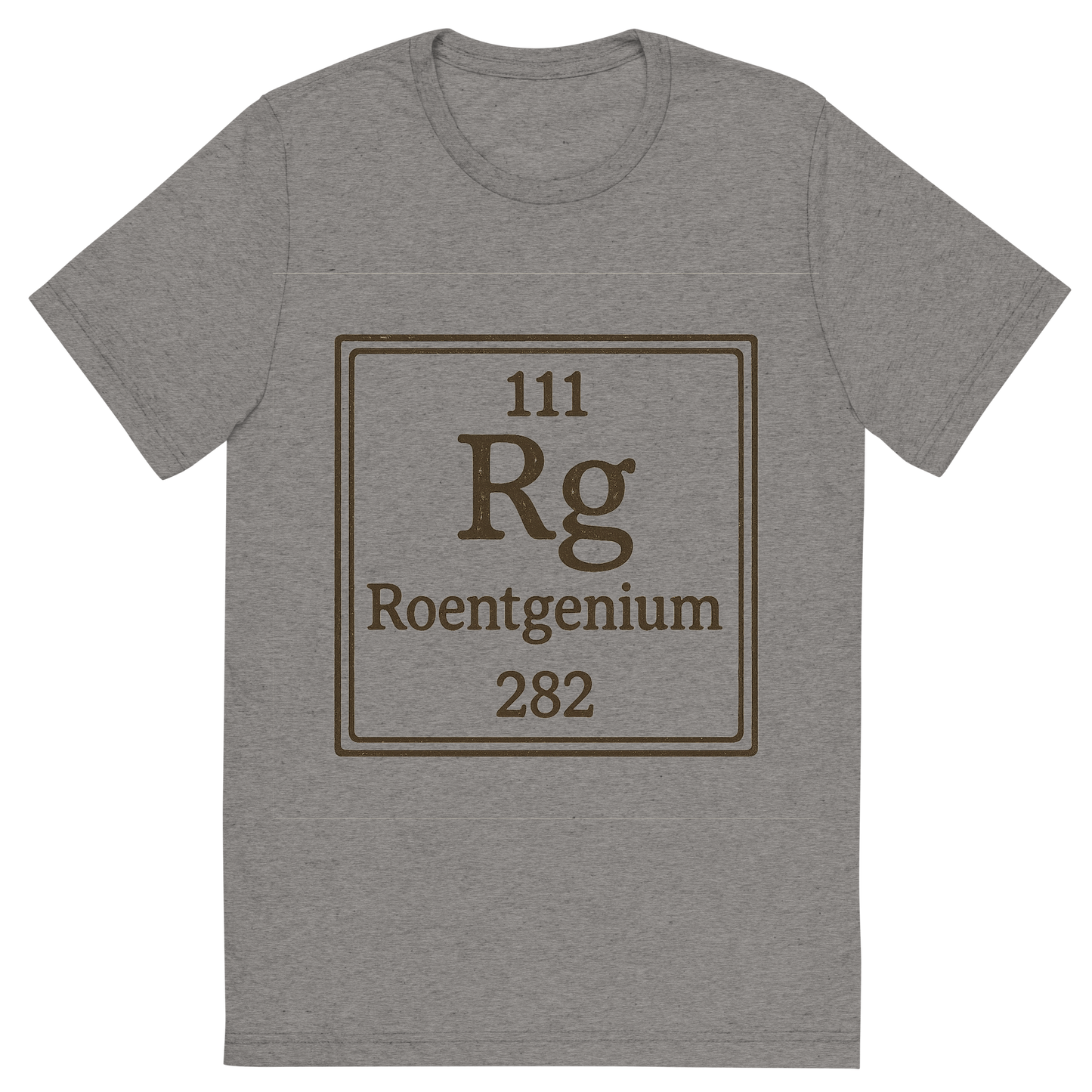 Front view of a Premium Tri-Blend Crew Neck T-Shirt in Grey showing 'A line art, nostalgic graphic of roentgenium's entry on the periodic table, use a dark color for the lines and text'