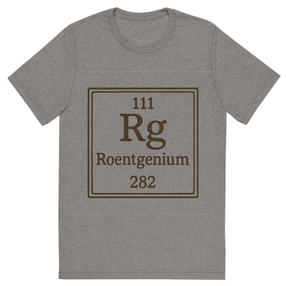 Front view of a Premium Tri-Blend Crew Neck T-Shirt in Grey showing 'A line art, nostalgic graphic of roentgenium's entry on the periodic table, use a dark color for the lines and text'