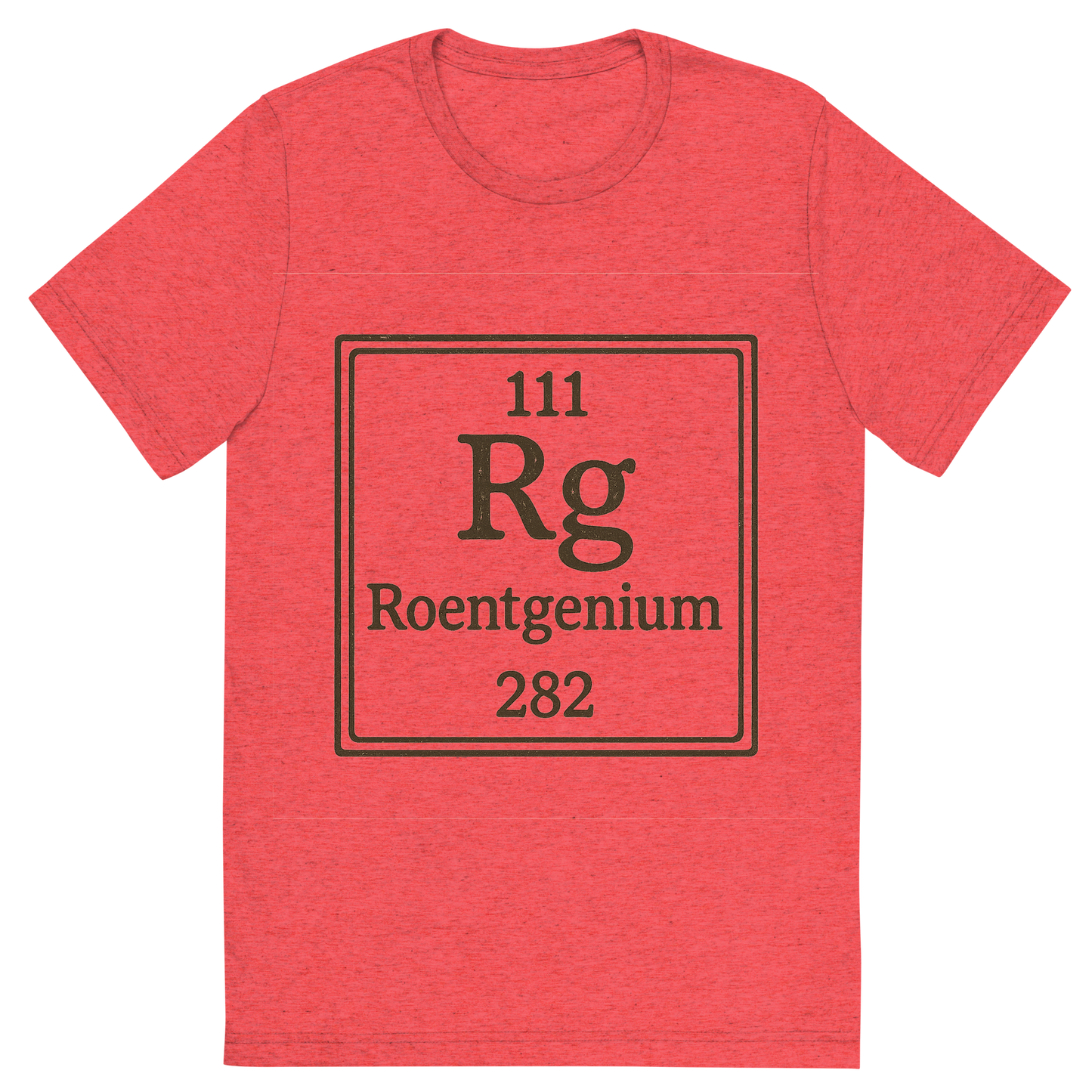 Front view of a Premium Tri-Blend Crew Neck T-Shirt in Red showing 'A line art, nostalgic graphic of roentgenium's entry on the periodic table, use a dark color for the lines and text'
