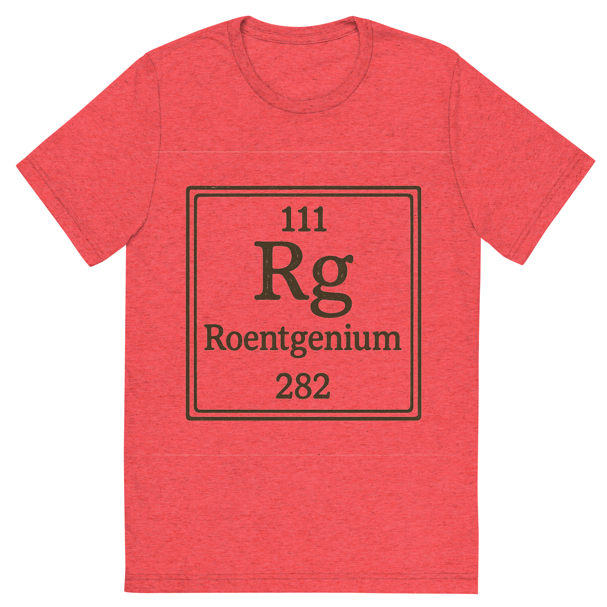 Front view of a Premium Tri-Blend Crew Neck T-Shirt in Red showing 'A line art, nostalgic graphic of roentgenium's entry on the periodic table, use a dark color for the lines and text'