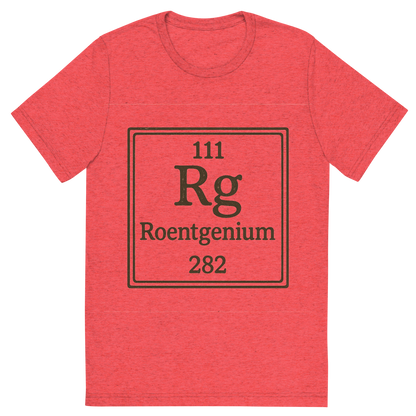Front view of a Premium Tri-Blend Crew Neck T-Shirt in Red showing 'A line art, nostalgic graphic of roentgenium's entry on the periodic table, use a dark color for the lines and text'