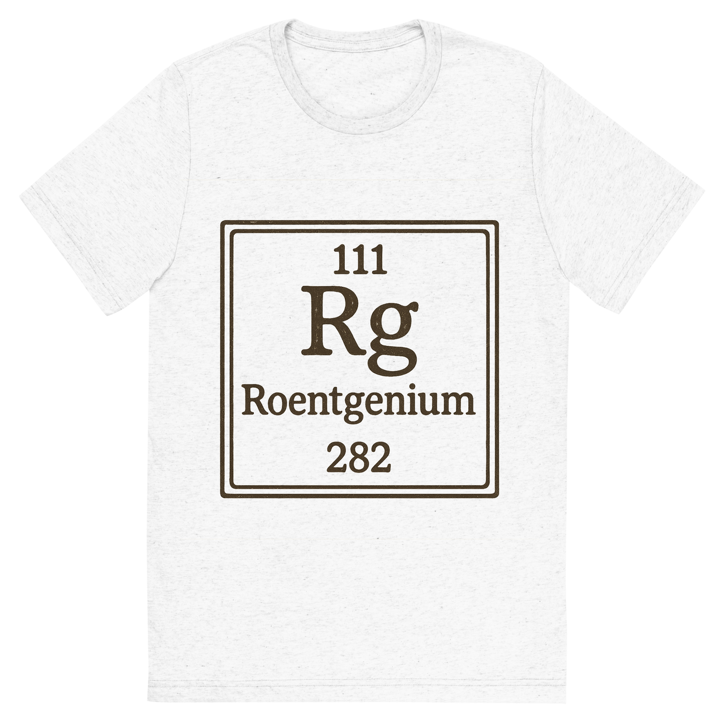 Front view of a Premium Tri-Blend Crew Neck T-Shirt in Solid White showing 'A line art, nostalgic graphic of roentgenium's entry on the periodic table, use a dark color for the lines and text'