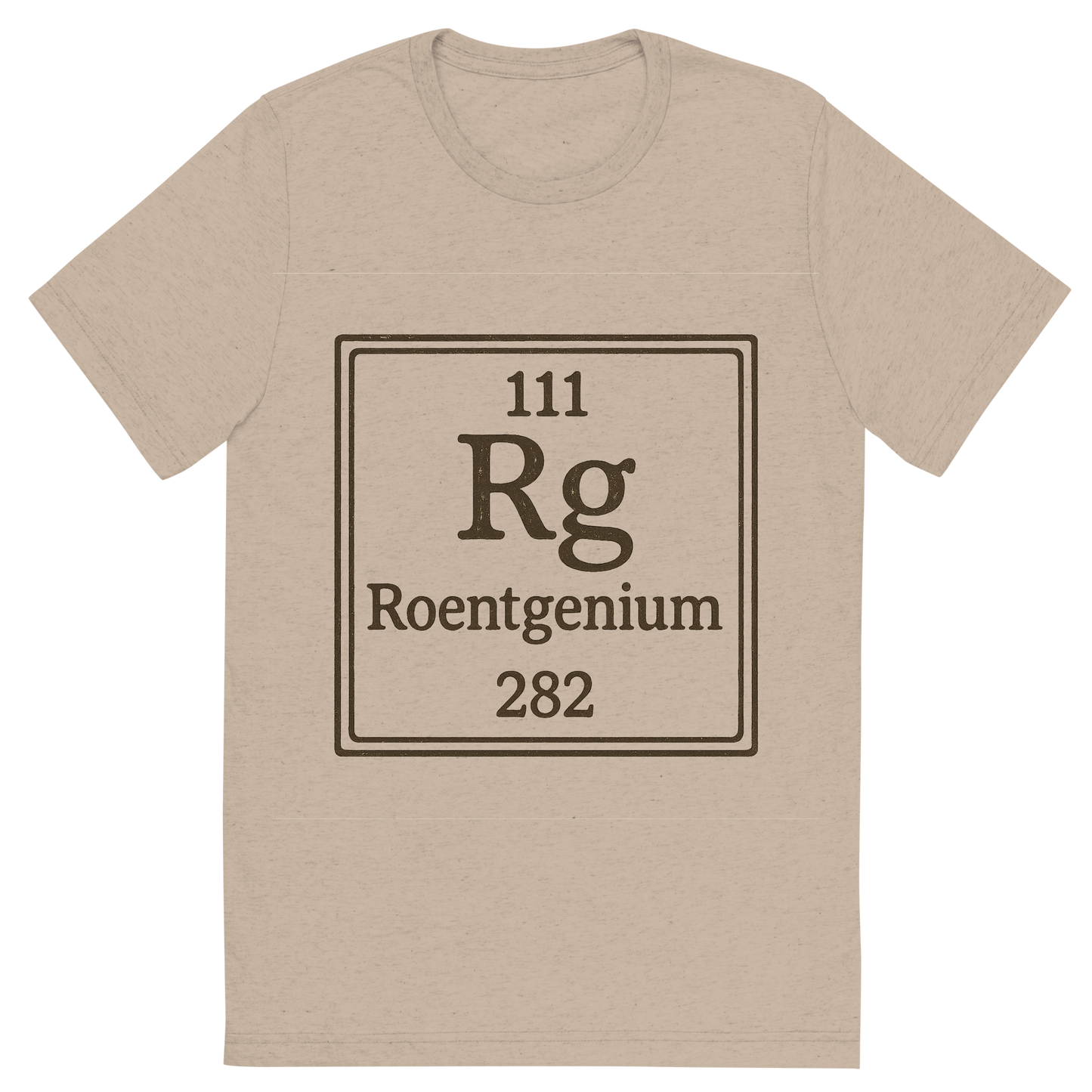 Front view of a Premium Tri-Blend Crew Neck T-Shirt in Tan showing 'A line art, nostalgic graphic of roentgenium's entry on the periodic table, use a dark color for the lines and text'
