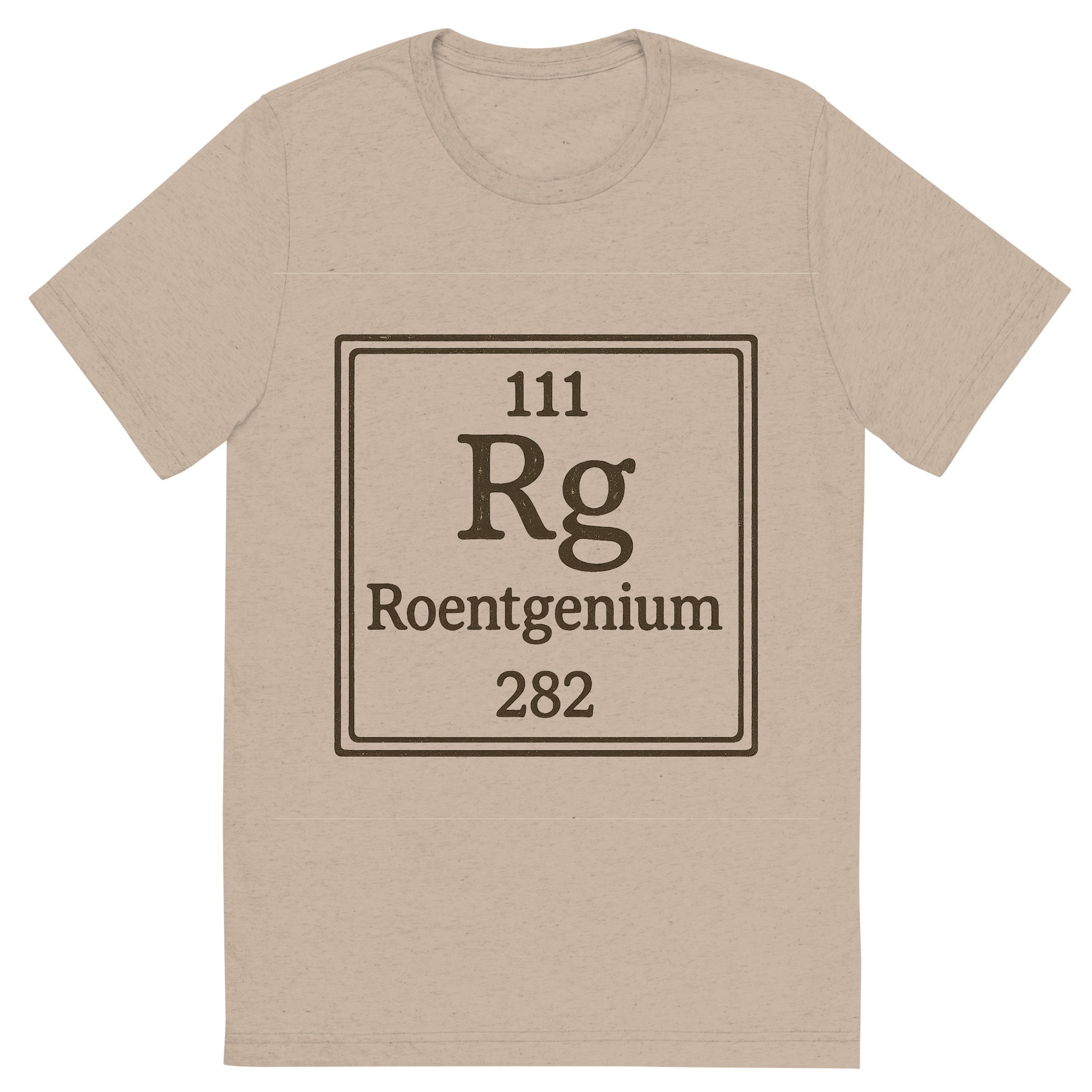 Front view of a Premium Tri-Blend Crew Neck T-Shirt in Tan showing 'A line art, nostalgic graphic of roentgenium's entry on the periodic table, use a dark color for the lines and text'