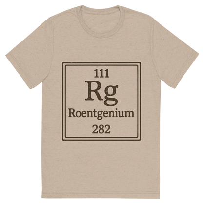 Front view of a Premium Tri-Blend Crew Neck T-Shirt in Tan showing 'A line art, nostalgic graphic of roentgenium's entry on the periodic table, use a dark color for the lines and text'