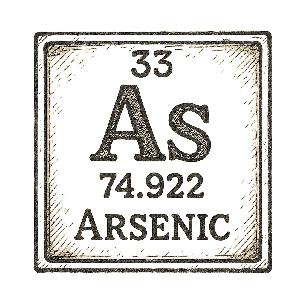 A line art, nostalgic graphic of arsenic's entry on the periodic table, use a dark color for the lines and text – a t-shirt design