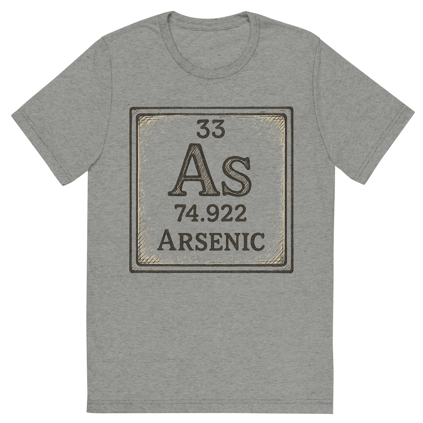 Front view of a Premium Tri-Blend Crew Neck T-Shirt in Athletic Grey showing 'A line art, nostalgic graphic of arsenic's entry on the periodic table, use a dark color for the lines and text'