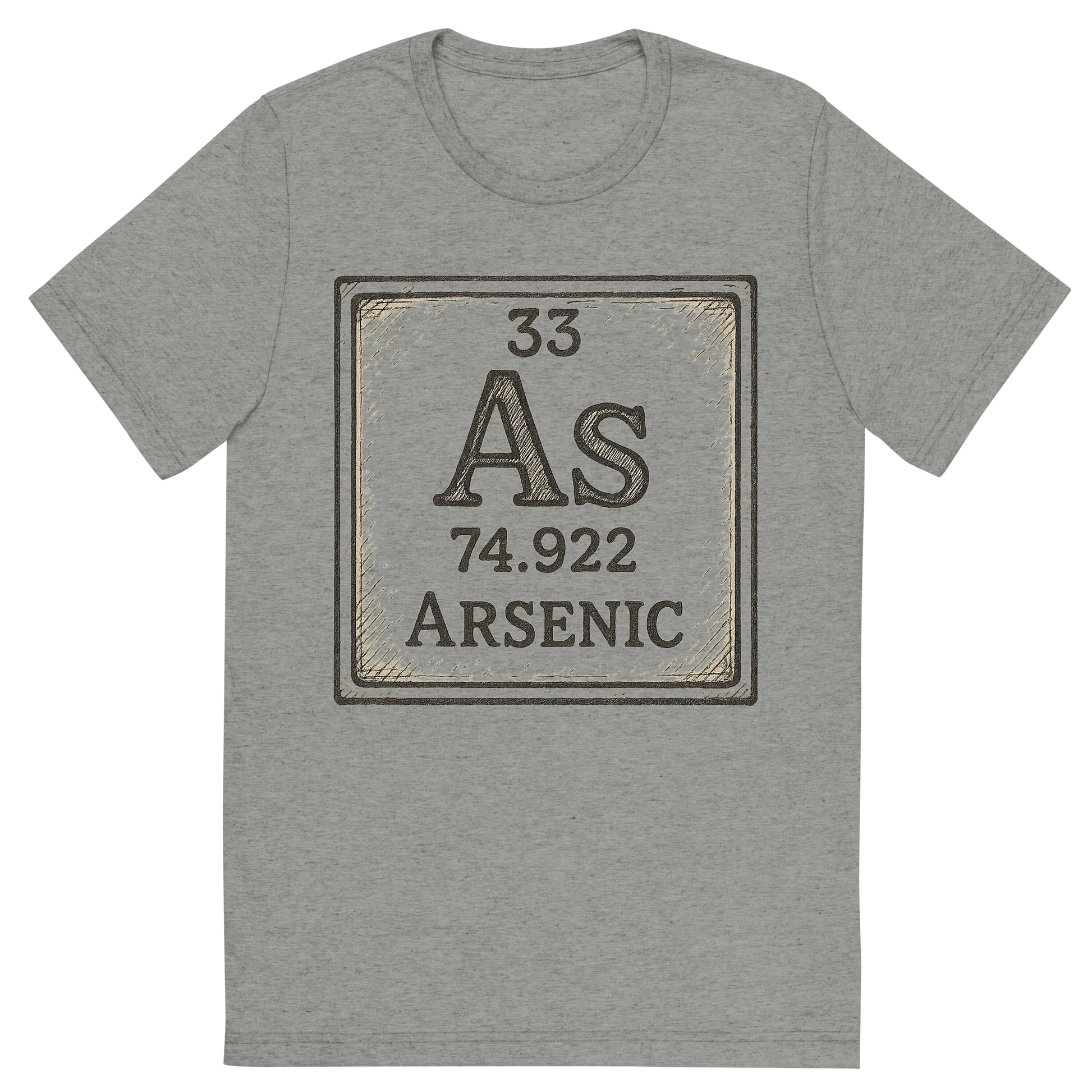 Front view of a Premium Tri-Blend Crew Neck T-Shirt in Athletic Grey showing 'A line art, nostalgic graphic of arsenic's entry on the periodic table, use a dark color for the lines and text'