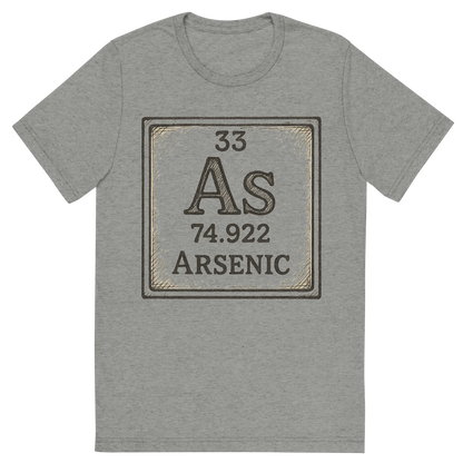 Front view of a Premium Tri-Blend Crew Neck T-Shirt in Athletic Grey showing 'A line art, nostalgic graphic of arsenic's entry on the periodic table, use a dark color for the lines and text'